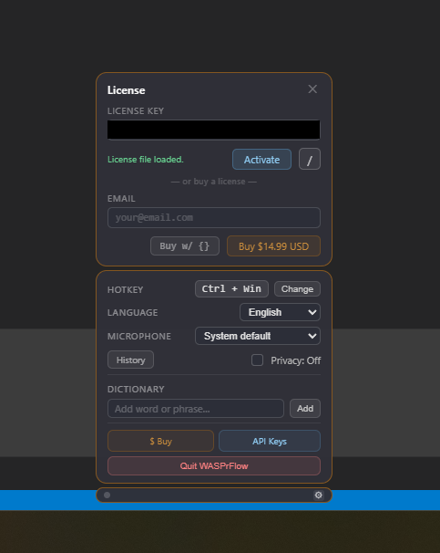 License file loaded message in panel